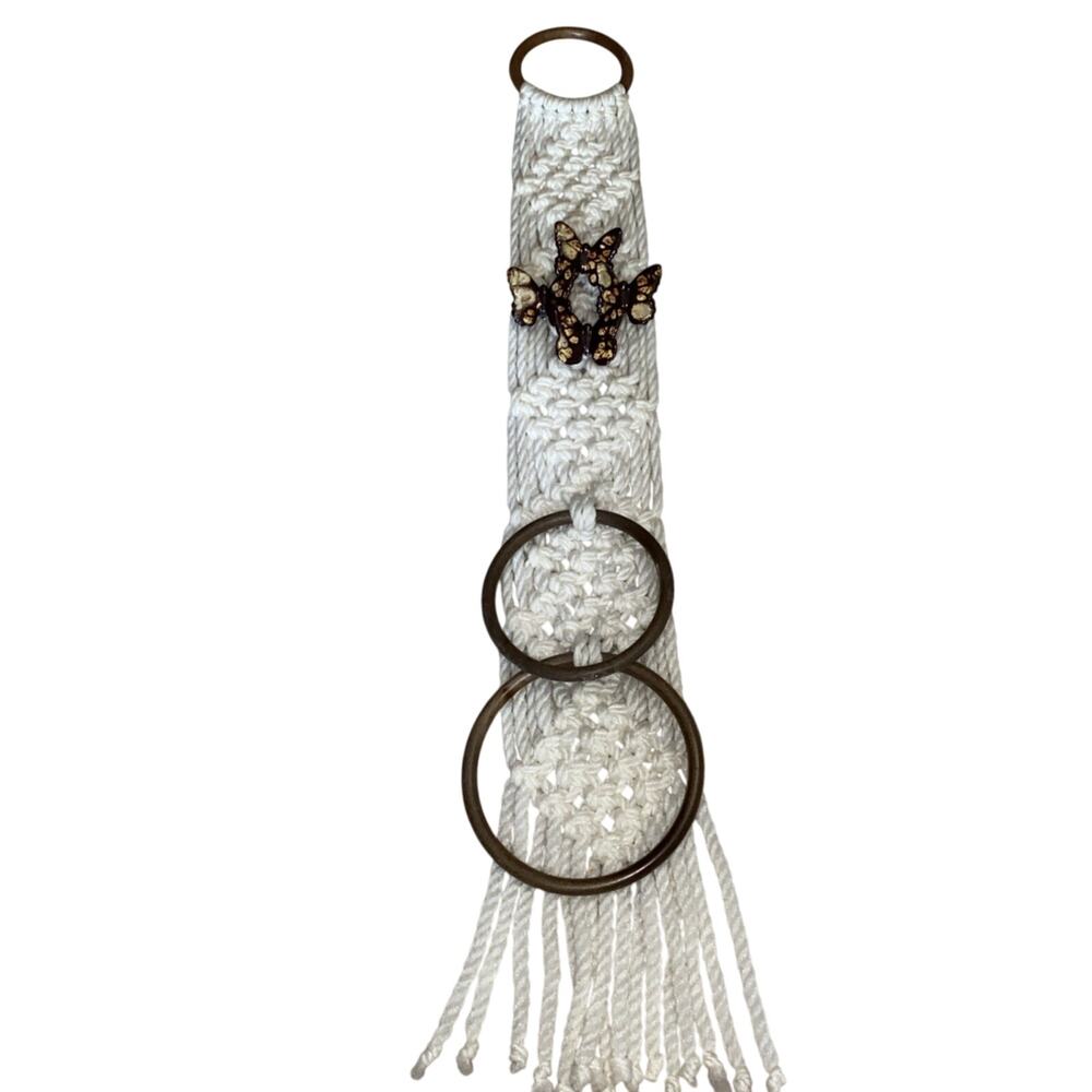 Macrame Towel Holder Ring Ceramic Butterflies Fringe Vintage Boho Fairy Hippie